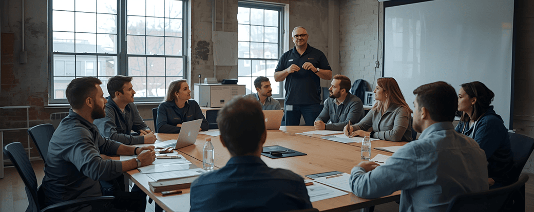 Team strategy session in a modern boardroom
